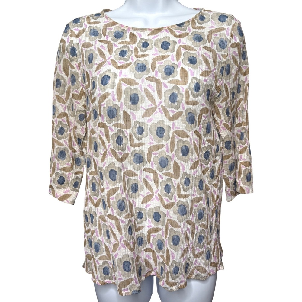 WHYCI MILANO Womens Tan Floral Sheer Plisse Blouse M Italian Luxury Boho-Chic